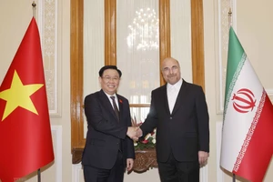 Chủ tịch Quốc hội Vương Đình Huệ và Chủ tịch Quốc hội Iran Mohammad Bagher Ghalibaf. (Ảnh TTXVN)