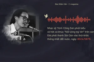 Nhạc sĩ Trịnh Công Sơn phát biểu và hát ca khúc Nối vòng tay lớn trên sóng Đài Phát thanh Sài Gòn ngày 30/4/1975