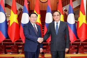 Chủ tịch Quốc hội Vương Đình Huệ hội kiến Thủ tướng Chính phủ Lào Sonexay Siphandone. (Ảnh: TTXVN)