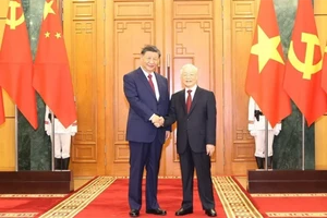 Tổng Bí thư Nguyễn Phú Trọng và Tổng Bí thư, Chủ tịch Trung Quốc Tập Cận Bình. (Ảnh: TTXVN)