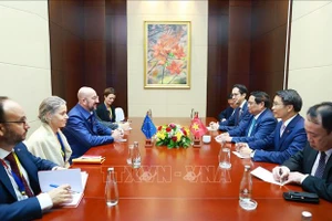 Thủ tướng Phạm Minh Chính gặp Chủ tịch Hội đồng châu Âu Charles Michel. (Ảnh: Dương Giang/TTXVN)