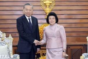 Chủ tịch nước Tô Lâm hội kiến Chủ tịch Quốc hội Campuchia Khuon Sudary. (Ảnh: TTXVN)