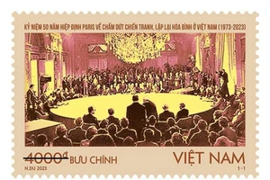 Mẫu tem “Kỷ niệm 50 năm Hiệp định Paris về chấm dứt chiến tranh, lập lại hòa bình ở Việt Nam (1973-2023)”.