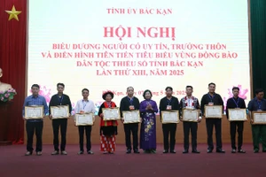 Lãnh đạo tỉnh Bắc Kạn trao Bằng khen tặng cho người có uy tín, trưởng thôn, điển hình tiên tiến. (Ảnh: TUẤN SƠN)