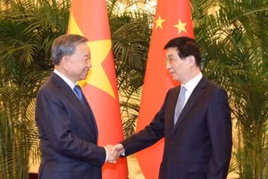 Tổng Bí thư, Chủ tịch nước Tô Lâm hội kiến Chủ tịch Chính hiệp toàn quốc Trung Quốc Vương Hộ Ninh. (Ảnh: TTXVN)