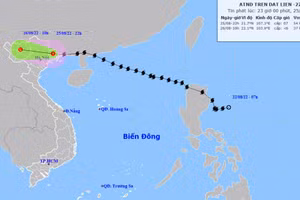 Vị trí và hướng di chuyển của áp thấp nhiệt đới (suy yếu từ bão số 3). (Nguồn: nchmf.gov.vn)