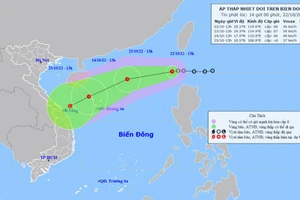 Vị trí và hướng di chuyển của áp thấp nhiệt đới. (Nguồn: nchmf.gov.vn)