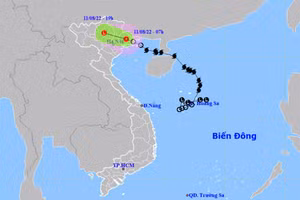 Vị trí và hướng di chuyển của áp thấp nhiệt đới suy yếu từ bão số 2. (Nguồn: nchmf.gov.vn)