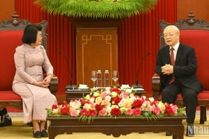 Tổng Bí thư Nguyễn Phú Trọng và Chủ tịch Quốc hội Campuchia Samdech Khuon Sudary tại buổi tiếp.