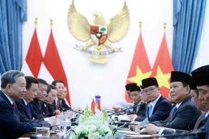Tổng Bí thư Tô Lâm và Tổng thống Cộng hòa Indonesia, Chủ tịch Đảng Phong trào Indonesia vĩ đại (Gerindra) Prabowo Subianto hội đàm. (Ảnh: Thống Nhất/TTXVN)