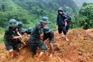 Cán bộ, chiến sĩ Bộ Chỉ huy Quân sự tỉnh Hà Giang tìm kiếm nạn nhân bị vùi lấp trong vụ sạt lở ở xã Yên Định (Bắc Mê, Hà Giang), tháng 7/2024.