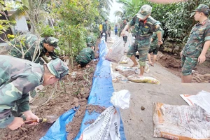 Cán bộ, chiến sĩ Bộ Chỉ huy quân sự tỉnh giúp dân khắc phục sạt lở đê tại ấp Long Trị, xã Long Đức, thành phố Trà Vinh.