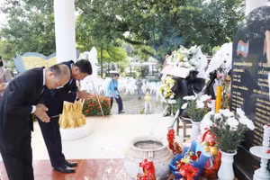 Đại diện Đại sứ quán Việt Nam tại Lào và lãnh đạo tỉnh Vientiane thắp hương viếng các Anh hùng liệt sĩ. (Ảnh: TTXVN)