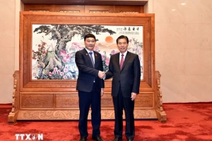 Chủ nhiệm Ủy ban Kinh tế của Quốc hội Vũ Hồng Thanh (trái) và Chủ nhiệm Ủy ban Kinh tế-Tài chính Nhân Đại toàn quốc Trung Quốc Trung Sơn. (Ảnh: TTXVN)