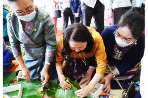 Hoạt động gói bánh chưng của các cựu lưu học sinh Lào học tập tại Việt Nam. Ảnh: VOV