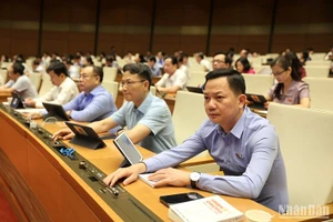 Các đại biểu Quốc hội biểu quyết thông qua Luật Đấu thầu (sửa đổi). (Ảnh: DUY LINH)