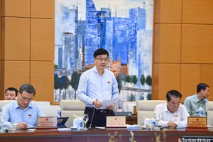 Chủ nhiệm Ủy ban Kinh tế của Quốc hội Vũ Hồng Thanh trình bày báo cáo giải trình, tiếp thu, chỉnh lý dự án Luật Đất đai (sửa đổi) trong phiên họp sáng 25/8. (Ảnh: DUY LINH)