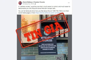 Một bài đăng trên Facebook đưa tin sai sự thật về chính sách thanh toán của chuỗi cửa hàng cà phê Starbucks. (Ảnh chụp màn hình)