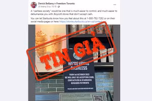 Một bài đăng trên Facebook đưa tin sai sự thật về chính sách thanh toán của chuỗi cửa hàng cà phê Starbucks. (Ảnh chụp màn hình)