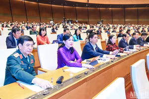 Các đại biểu Quốc hội biểu quyết thông qua Nghị quyết về việc áp dụng thuế thu nhập doanh nghiệp bổ sung theo quy định chống xói mòn cơ sở thuế toàn cầu. (Ảnh: DUY LINH)