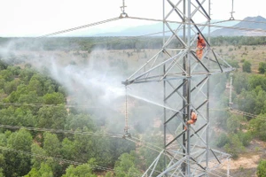 Vệ sinh cách điện bằng bằng nước áp lực cao hotline đường dây 220kV Phan Rí-Hồng Phong-Phan Thiết. (Ảnh minh họa: PTC3) 