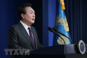 Tổng thống Hàn Quốc Yoon Suk Yeol trong bài phát biểu chúc mừng năm mới, tại Seoul, ngày 1/1/2023. (Ảnh: Yonhap/TTXVN)