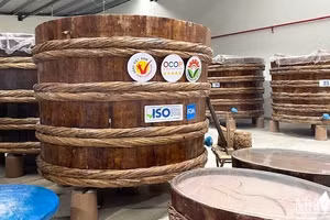 Thùng ủ các sản phẩm từ mắm tại xưởng mắm truyền thống Lê Gia, xã Hoằng Phụ, huyện Hoằng Hóa, tỉnh Thanh Hóa, đơn vị có sản phẩm OCOP 5 sao. (Ảnh NGỌC LIÊN)