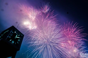 Pháo hoa chào năm mới 2025 tại Hà Nội. (Ảnh THÀNH ĐẠT)