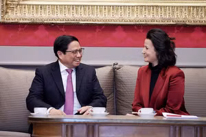 Thủ tướng Phạm Minh Chính hội kiến Chủ tịch Thượng viện Vương quốc Bỉ Stephanie D'hose. (Ảnh TTXVN)