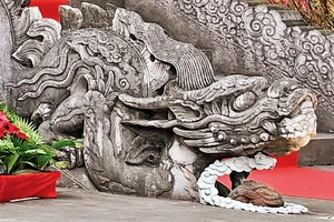 Đôi rồng đá trước thềm điện Kính Thiên trong Hoàng thành Thăng Long, TP Hà Nội. (Ảnh: TRẦN THANH GIANG)