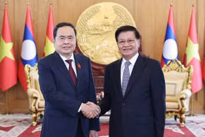 Chủ tịch Quốc hội Trần Thanh Mẫn hội kiến Tổng Bí thư, Chủ tịch nước Lào Thongloun Sisoulith. (Ảnh: Thống Nhất/TTXVN)