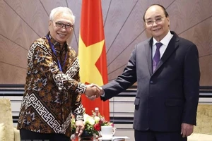 Chủ tịch nước Nguyễn Xuân Phúc tiếp Chủ tịch Hội Hữu nghị Indonesia-Việt Nam Budiarsa Sastrawinata. (Ảnh: Thống Nhất/TTXVN) 