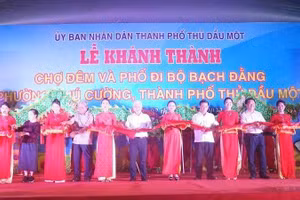 Các đại biểu thực hiện nghi thức khánh thành Chợ đêm và Phố đi bộ Bạch Đằng.