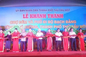 Các đại biểu thực hiện nghi thức khánh thành Chợ đêm và Phố đi bộ Bạch Đằng.