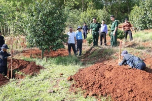 Các chiến sĩ Đội K72 mở rộng khu vực tìm kiếm hài cốt liệt sĩ tại xã Phước Minh, huyện Bù Gia Mập.