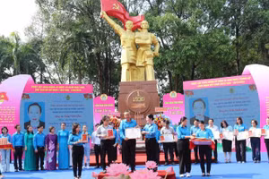 Chủ tịch Liên đoàn Lao động tỉnh Bình Dương Nguyễn Kim Loan trao Bằng khen của Liên đoàn Lao động tỉnh cho các cá nhân tiêu biểu trong học tập và làm theo Bác.