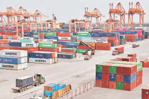 Bốc xếp hàng hóa xuất nhập khẩu tại cảng Tân Vũ, Hải Phòng. (Ảnh: MINH HÀ)