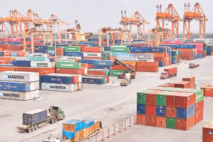 Bốc xếp hàng hóa xuất nhập khẩu tại cảng Tân Vũ, Hải Phòng. (Ảnh: MINH HÀ)