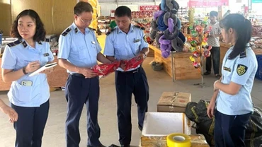 Lực lượng Quản lý thị trường tỉnh kiểm tra hàng hóa có dấu hiệu vi phạm. (Ảnh: THANH SƠN)
