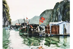 Chợ cá trên vịnh Cát Bà, mầu nước, 56x76cm 2025.
