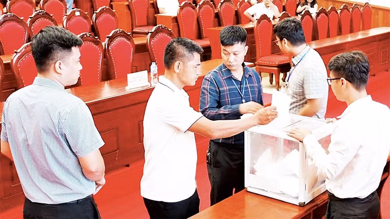 Phiên đấu giá đất tại xã Quang Minh (Ảnh NGỌC ANH)