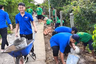 Đoàn viên, thanh niên xã Tân Khánh Trung dặm vá tuyến đường.