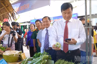 Đồng chí Võ Phan Thành Minh, Bí thư Đảng ủy phường Mỹ Ngãi cùng đại biểu, bà con nhân dân tham quan, trải nghiệm mặt hàng nông sản dán mã QR truy xuất nguồn gốc.