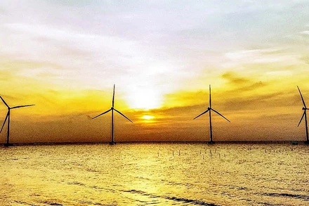 Công trình điện gió ngoài khơi ở vùng biển phường Trường Long Hòa, tỉnh Vĩnh Long.