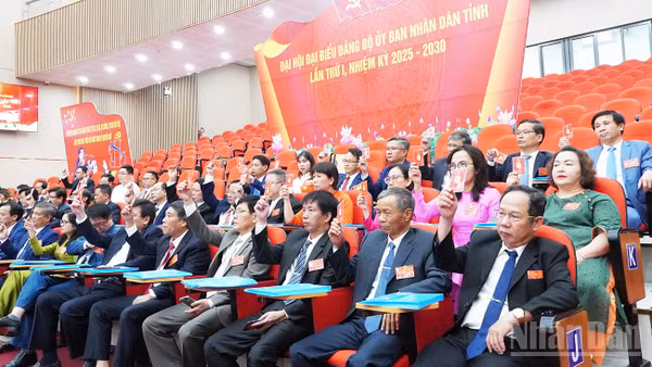 Đại biểu dự Đại hội Đảng bộ Ủy ban nhân dân tỉnh Quảng Ngãi lần thứ nhất, nhiệm kỳ 2025-2030 biểu quyết thông qua Nghị quyết Đại hội. 