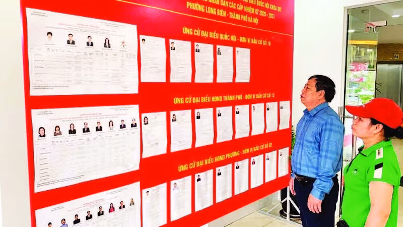 Cử tri phường Long Biên nghiên cứu tiểu sử các ứng cử viên đại biểu Quốc hội khóa XVI và đại biểu Hội đồng nhân dân các cấp nhiệm kỳ 2026-2031.