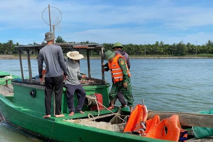 Tàu đánh cá bị xử lý vi phạm hành chính với hành vi tàng trữ dụng cụ kích điện. (Ảnh: TTXVN)