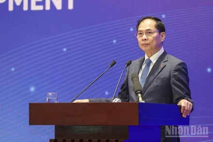 Phó Thủ tướng Chính phủ Bùi Thanh Sơn phát biểu chỉ đạo tại Hội nghị quốc tế lần thứ V về hợp tác giữa Việt Nam và các tổ chức phi chính phủ nước ngoài, đối tác vì sự phát triển thịnh vượng và bền vững. (Ảnh: ĐINH HÒA)