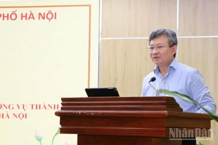 Chủ tịch Liên hiệp các tổ chức hữu nghị thành phố Hà Nội Nguyễn Ngọc Kỳ phát biểu tại Hội nghị.