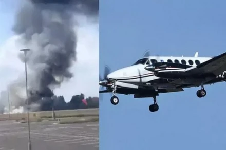 Chiếc máy bay rơi và bốc cháy dữ dội ngay sau khi cất cánh tại sân bay London Southend. (Nguồn: BollywoodShaadis)